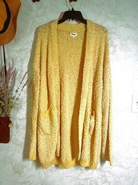 Buttery Yellow Popcorn Knit Open Front Cardigan Sweater With Pockets 3XL NWOT